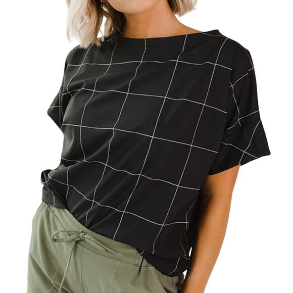 Albion Black Windowpane Short Sleeve Boat Neck Boss Tee Size Medium - Picture 1 of 12